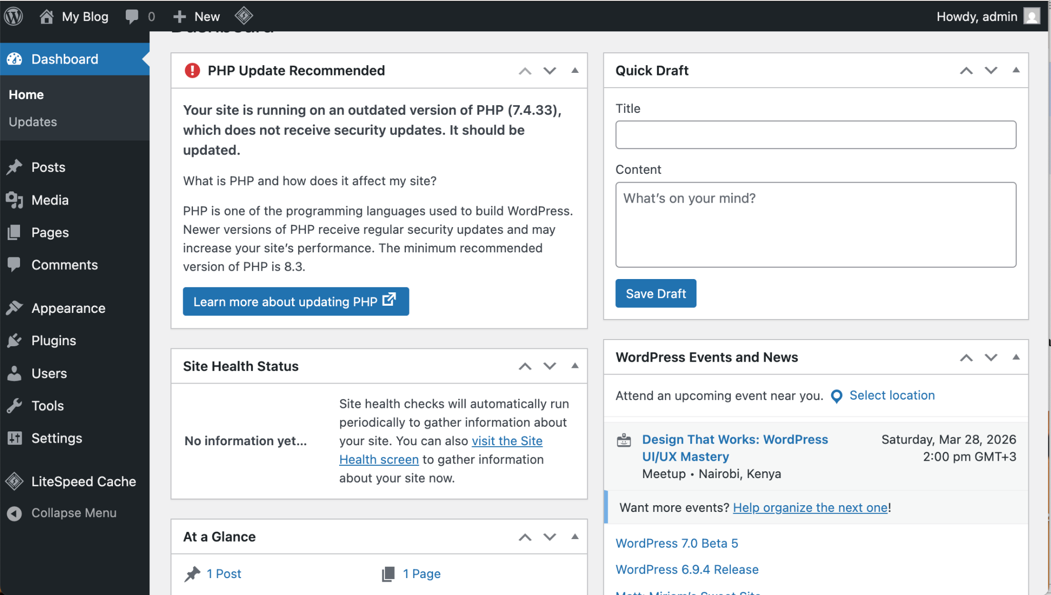 Fresh WordPress admin dashboard on HostArmada