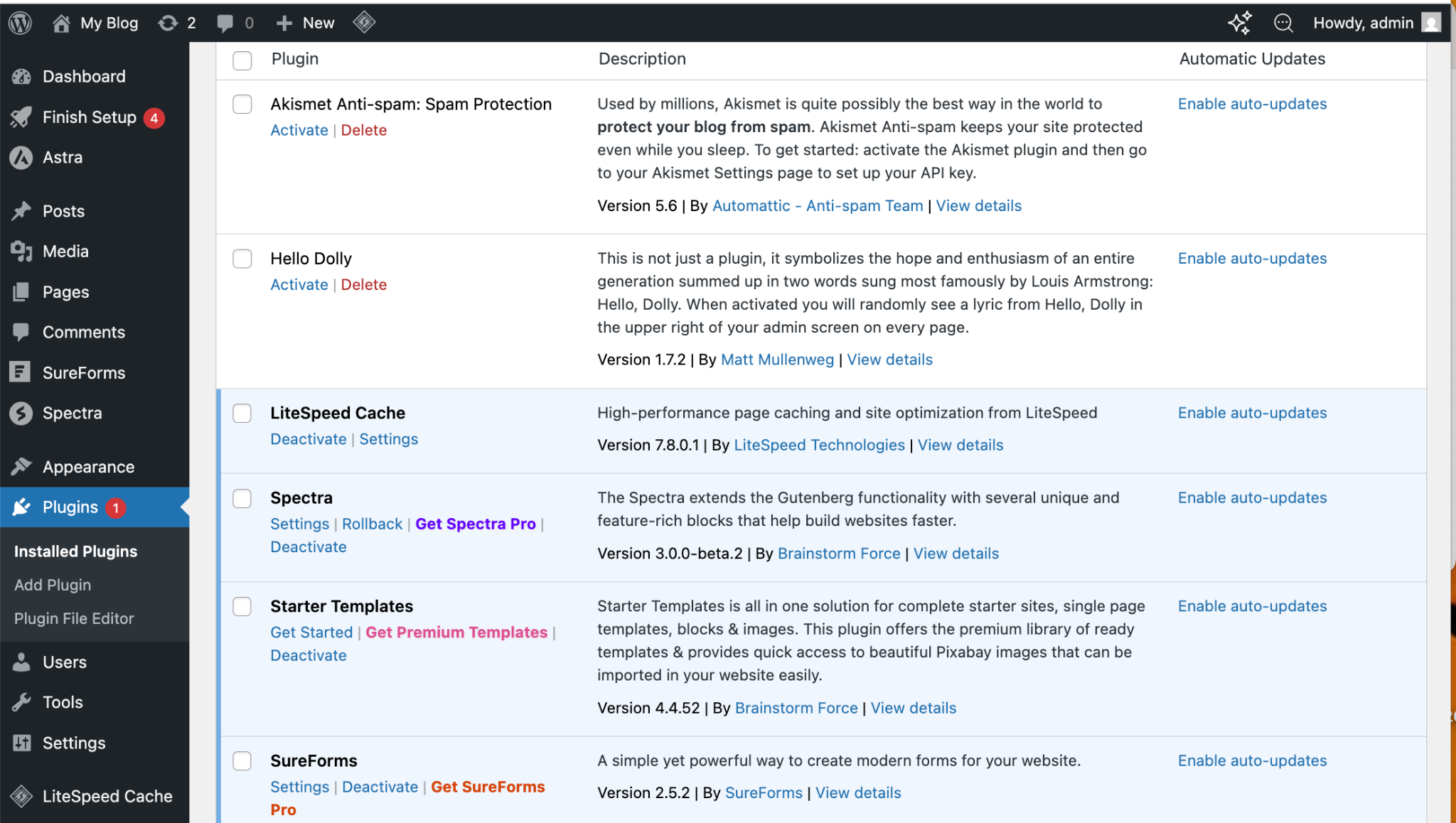 Pre-installed WordPress plugins including LiteSpeed Cache on HostArmada