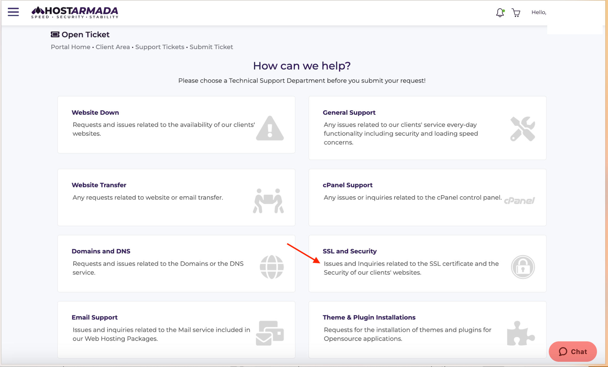 HostArmada support ticket department categories page
