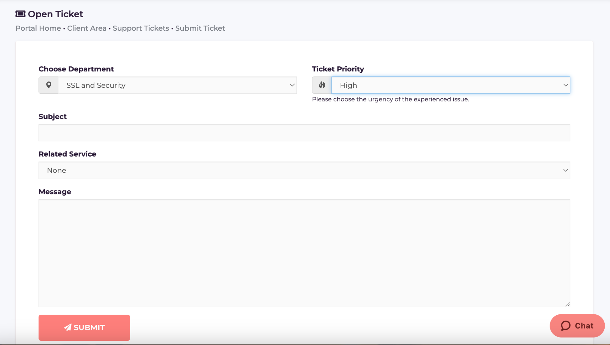 HostArmada support ticket form with priority selection