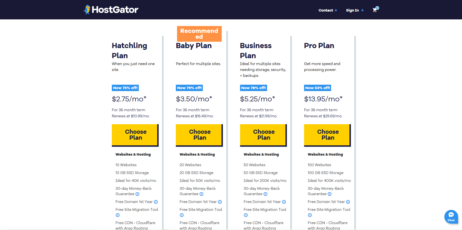 screenshot of HostGator hosting plans