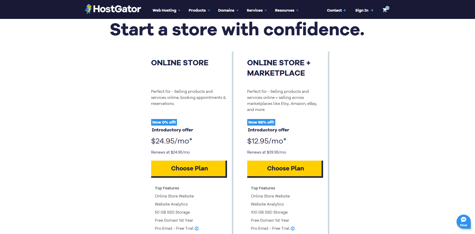 screenshot of HostGator Website Builder plans