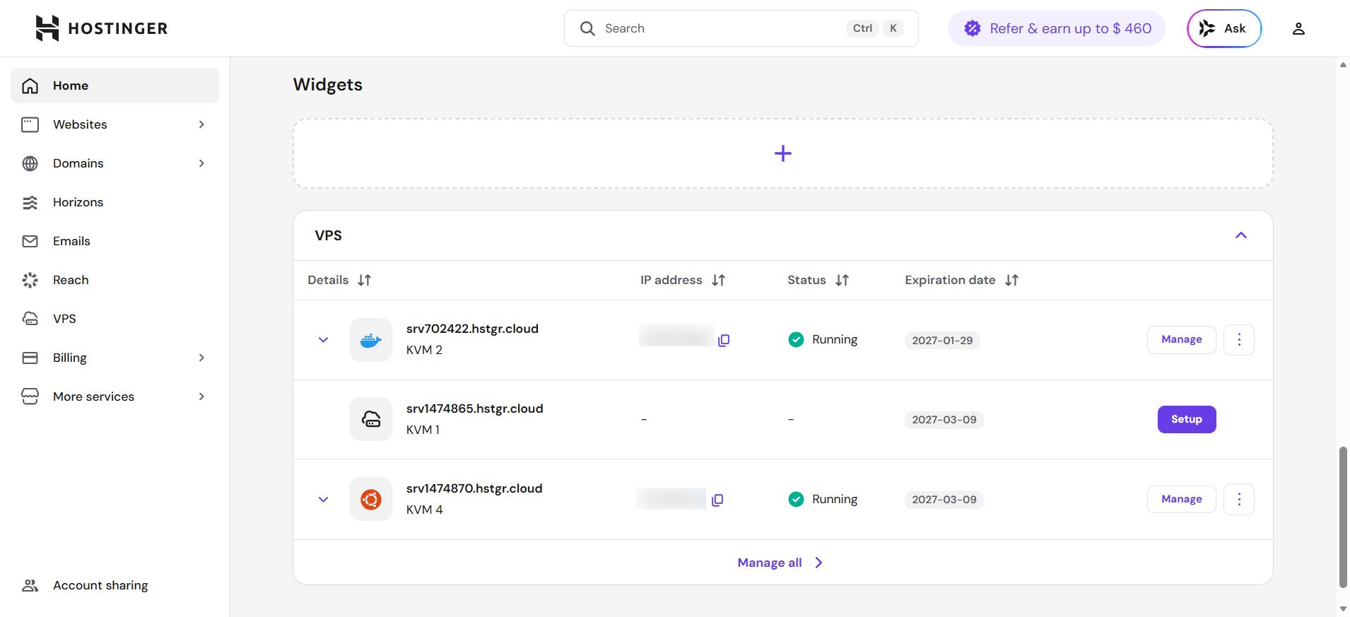 screenshot of Hostinger hPanel dashboard 'Widgets' page
