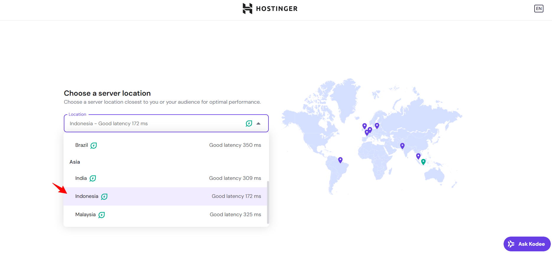 screenshot of Hostinger server locations