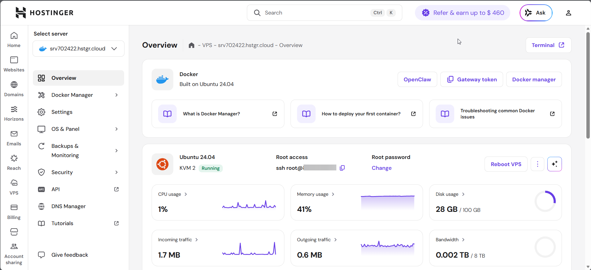 screenshot of Hostinger hPanel overview
