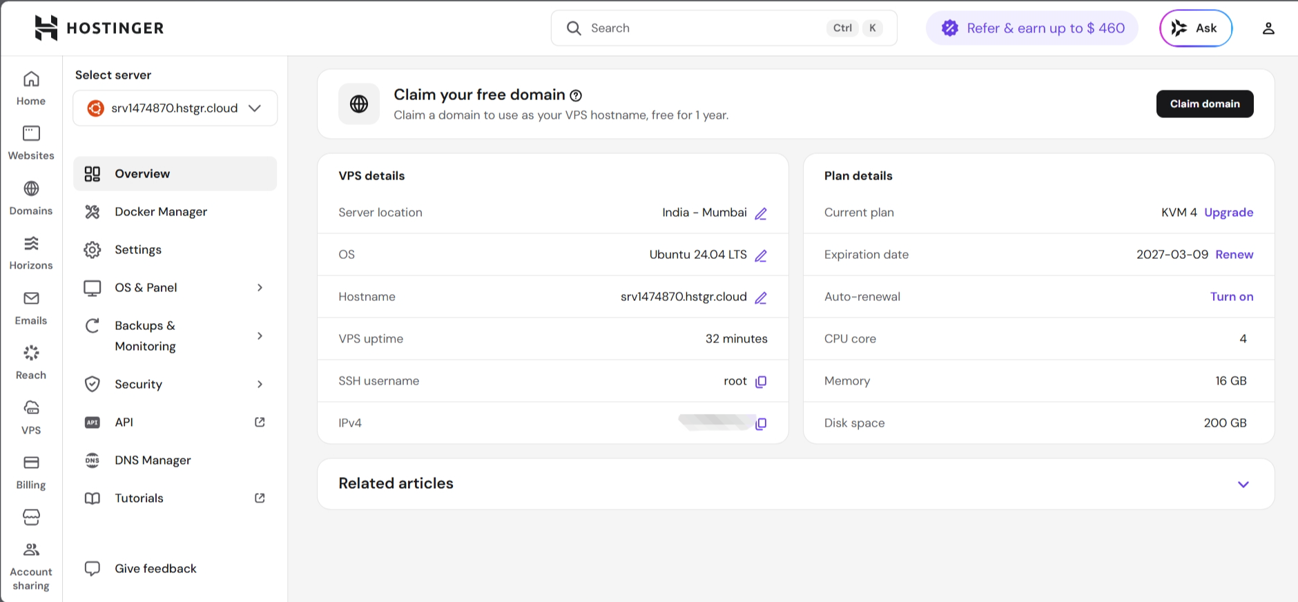 screenshot of Hostinger domain menu
