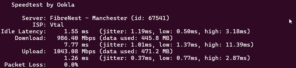 screenshot of Network Performance test result