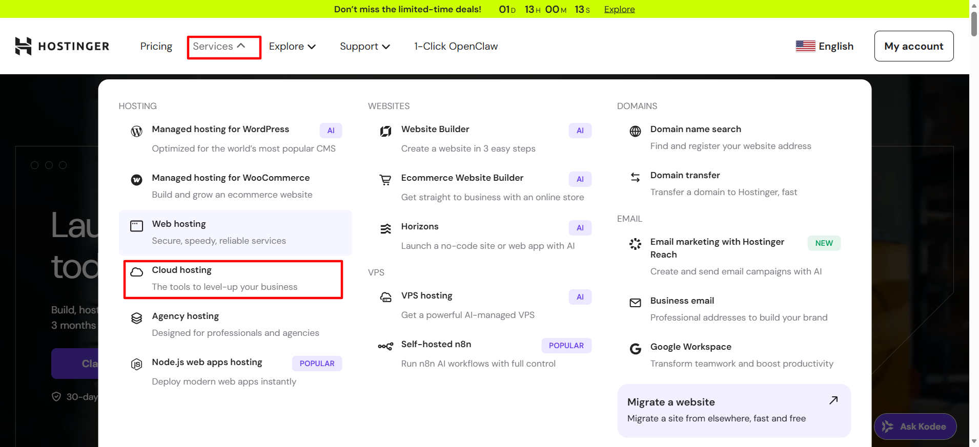 screenshot of Hostinger website with the 'Cloud Hosting' button highlighted