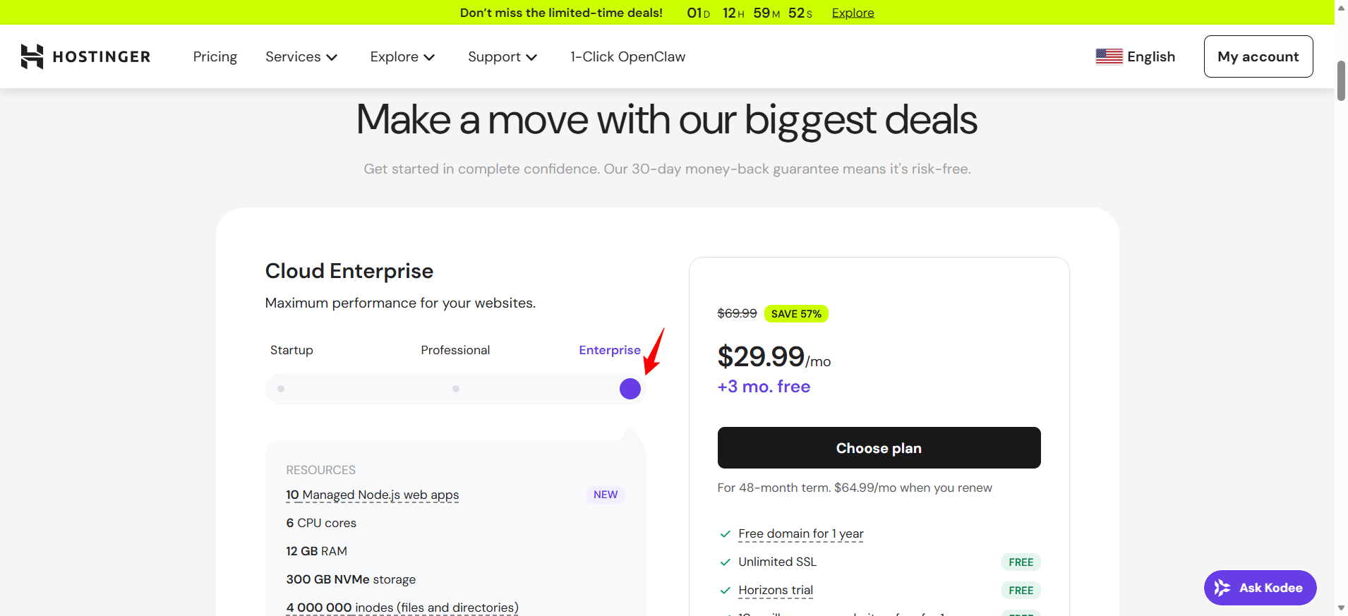 screenshot of Cloud hosting plans