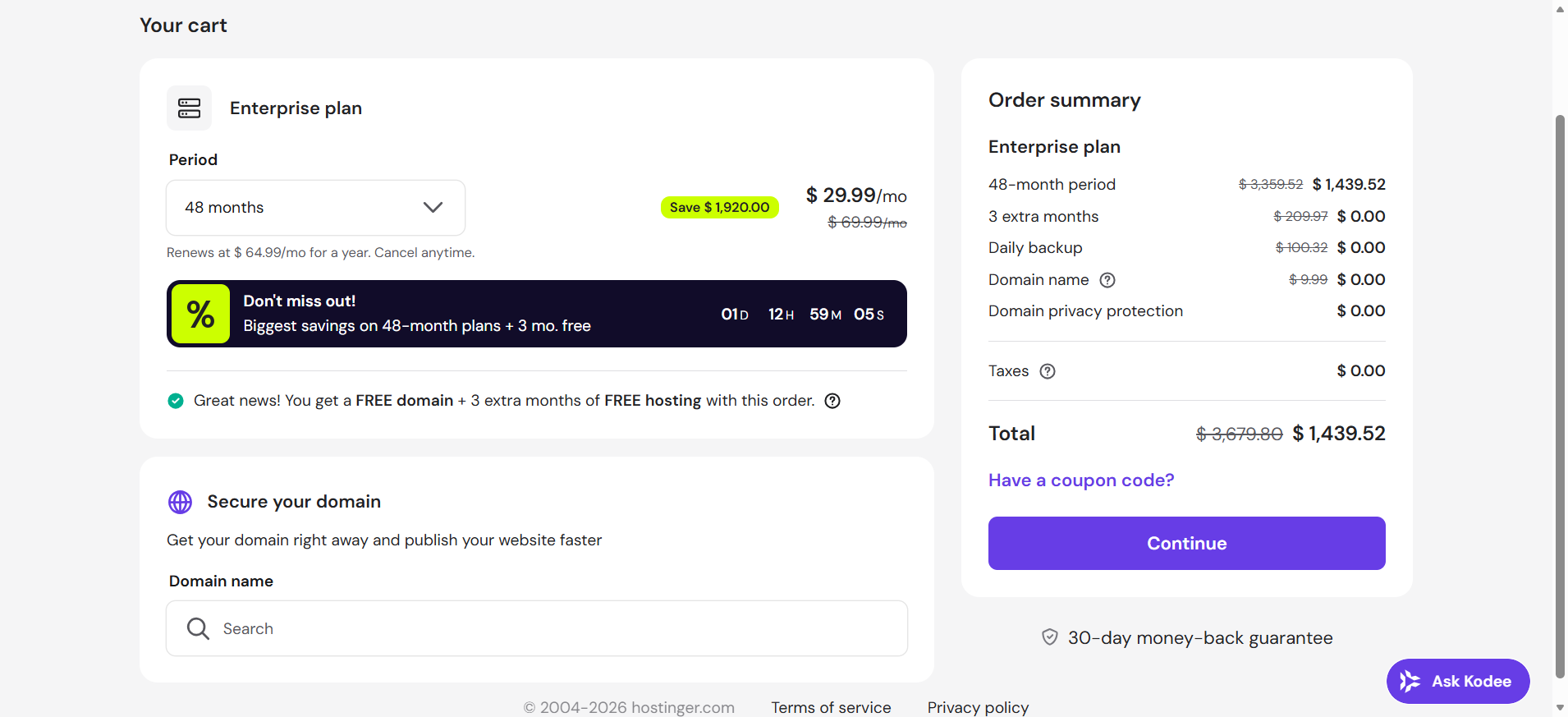 screenshot of Cloud hosting plan configurations