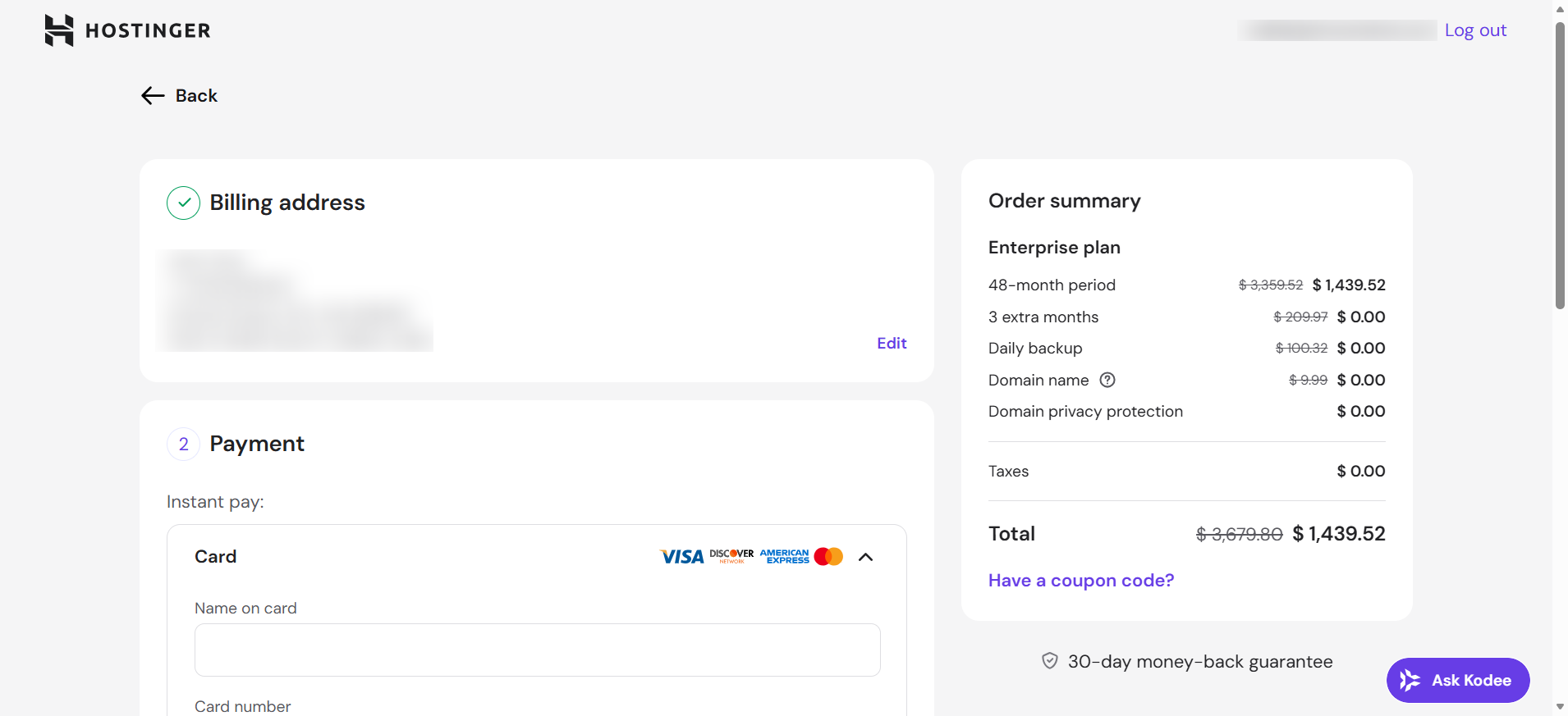 screenshot of Hostinger Payment methods