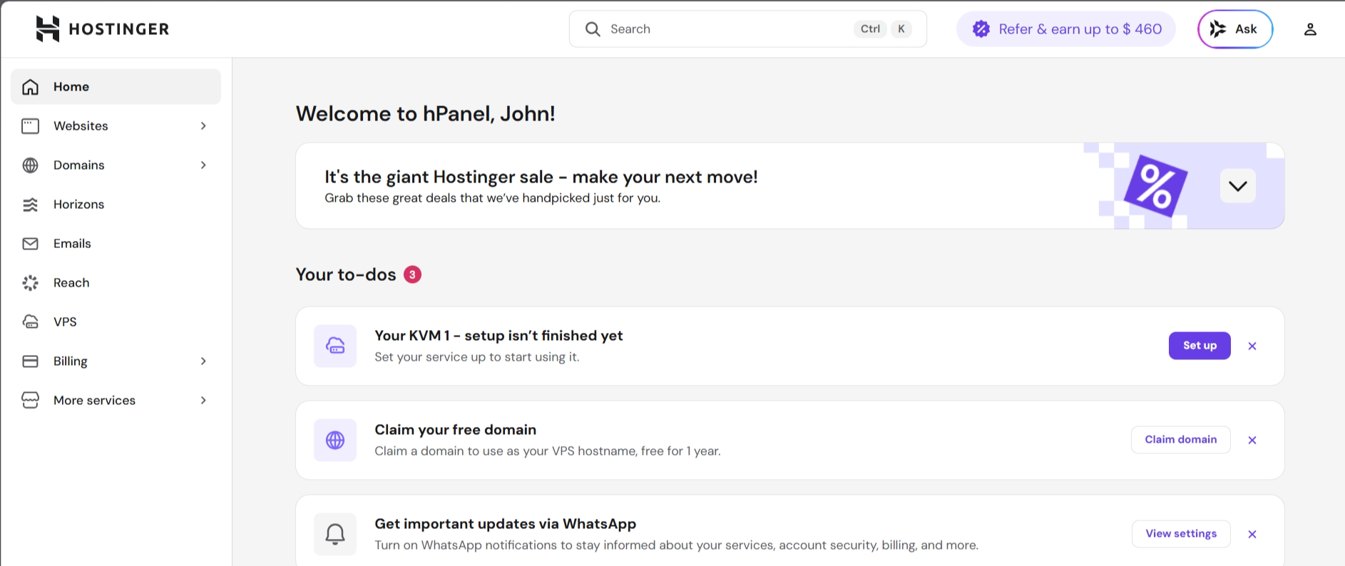 screenshot of Hostinger hPanel dashboard