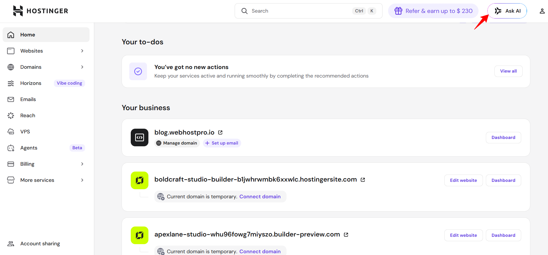 screenshot of Hostinger dashboard 'Ask AI' button highlighted