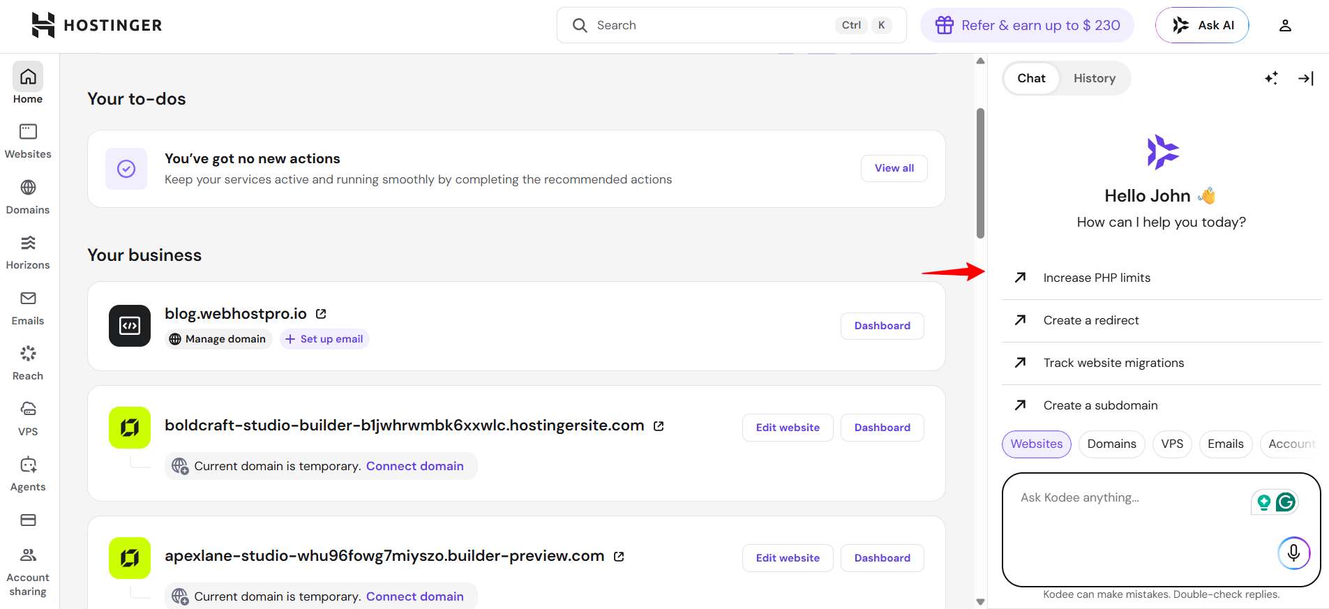 screenshot of Hostinger Kodee support panel