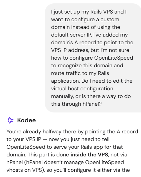 screenshot of Hostinger Kodee support conversation