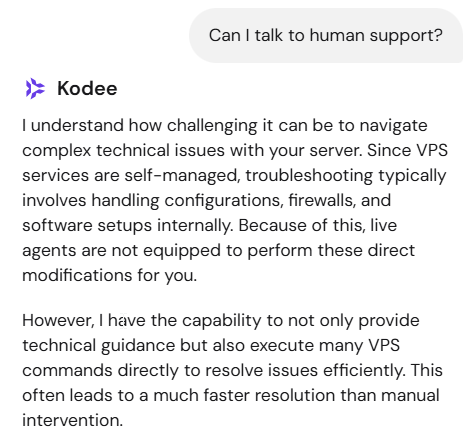 screenshot of Hostinger Kodee support conversation