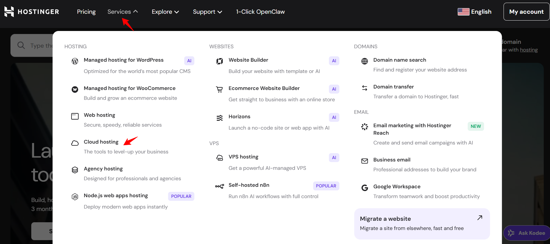 screenshot of Hostinger website 'Cloud Hosting' button