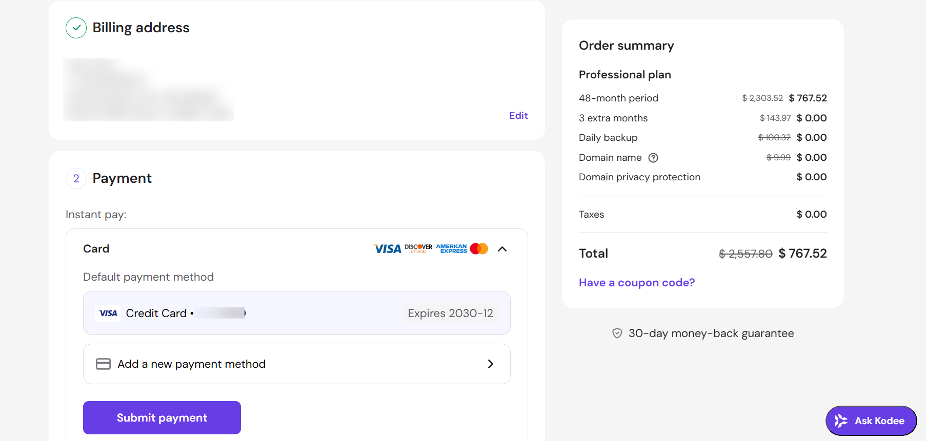 screenshot of Hostinger Payment methods