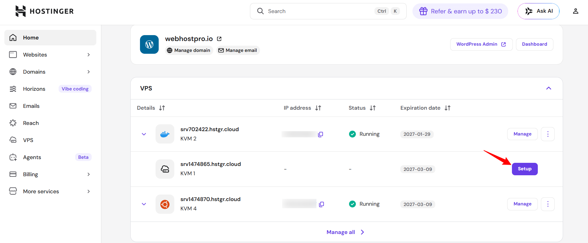 screenshot of Hostinger VPS management page