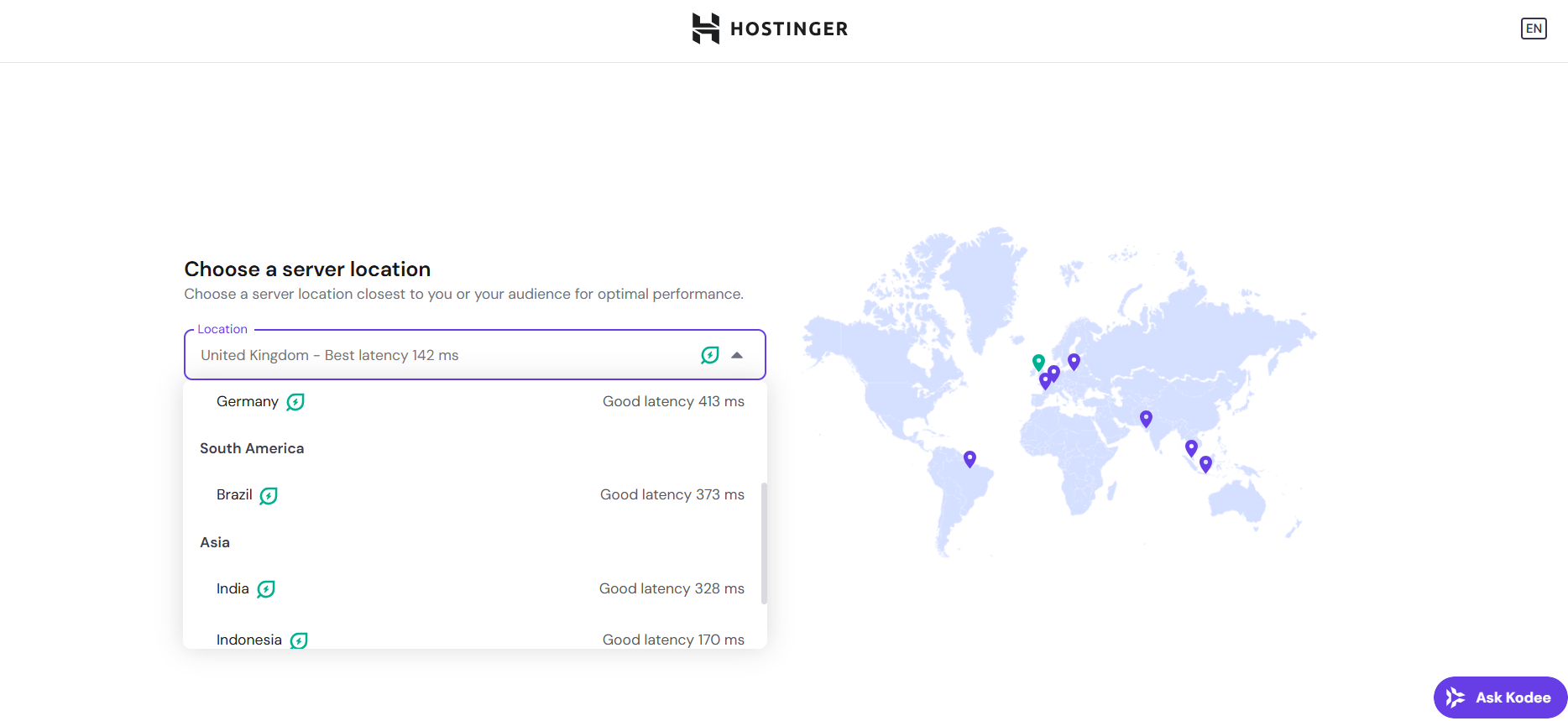 screenshot of Hostinger server locations