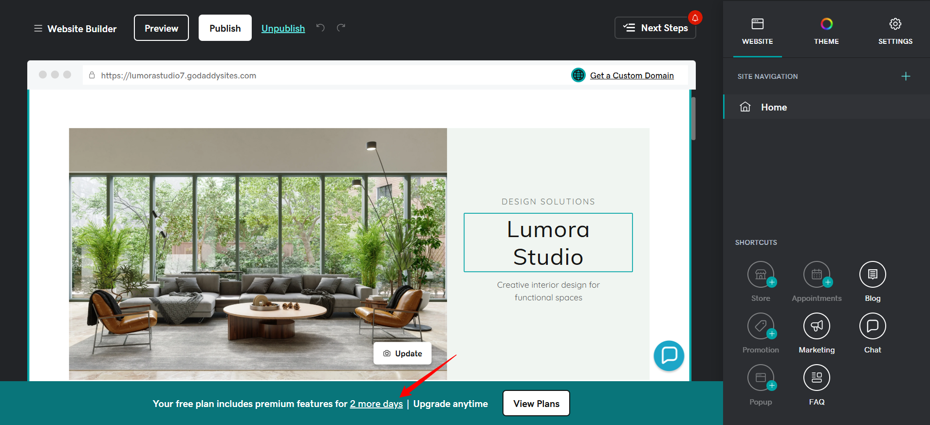 GoDaddy free website builder screen showing premium trial downgrade to branded free subdomain plan