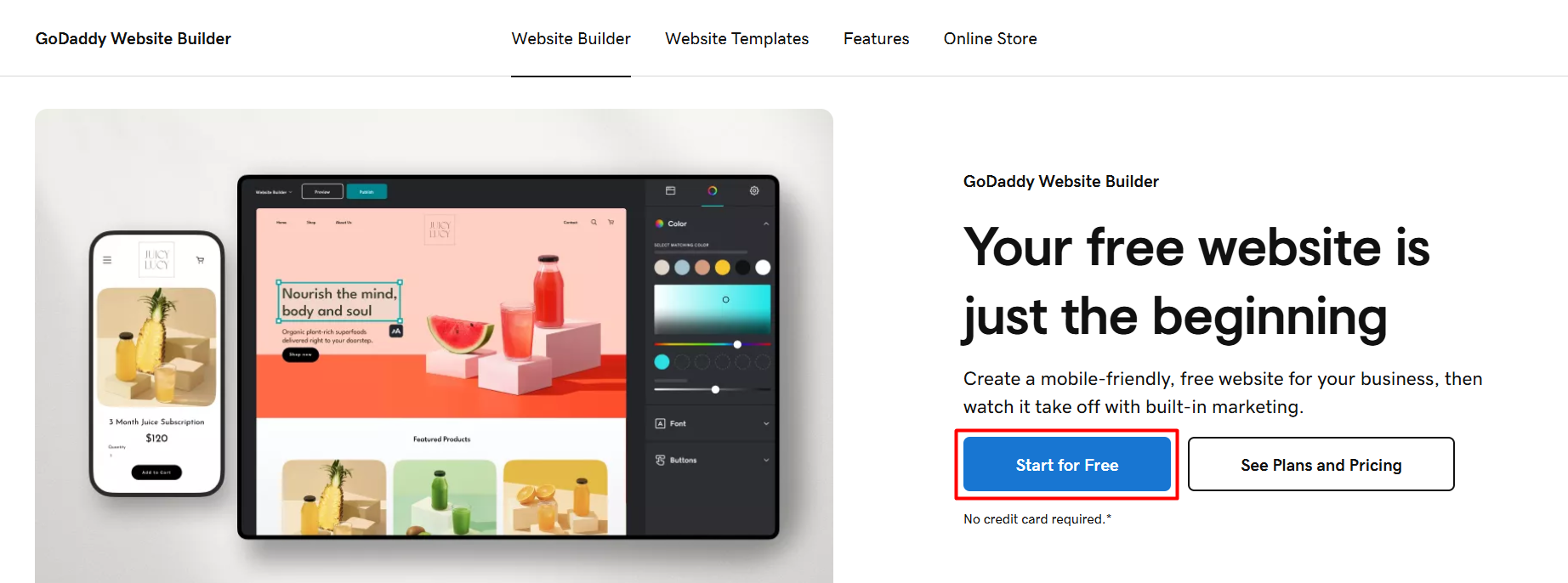 GoDaddy Website Builder signup page showing the Start for Free option with no credit card required