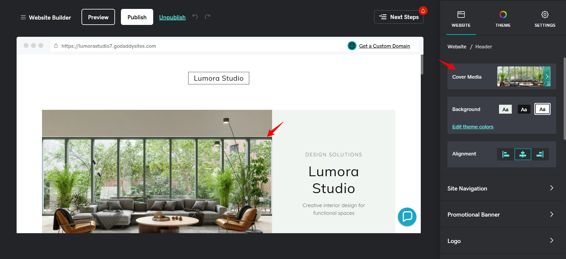 GoDaddy Website Builder image editing option showing Cover Media controls