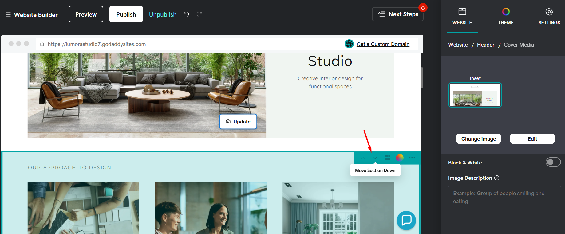 GoDaddy Website Builder section controls for moving sections up and down on the page