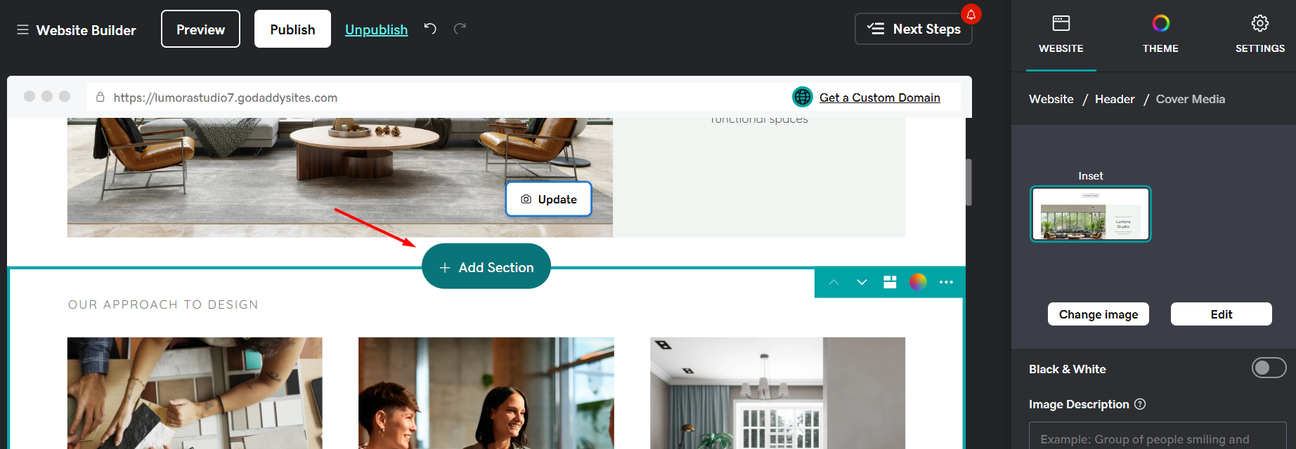 GoDaddy Website Builder Add Section panel with pre-built section layout options