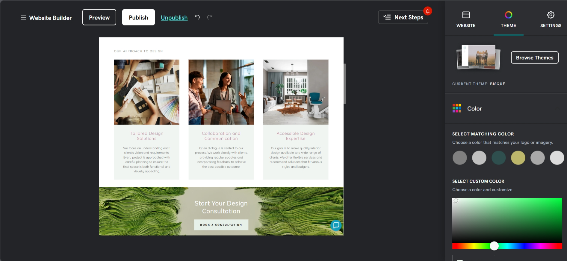 GoDaddy Website Builder Theme tab for changing global fonts and colors