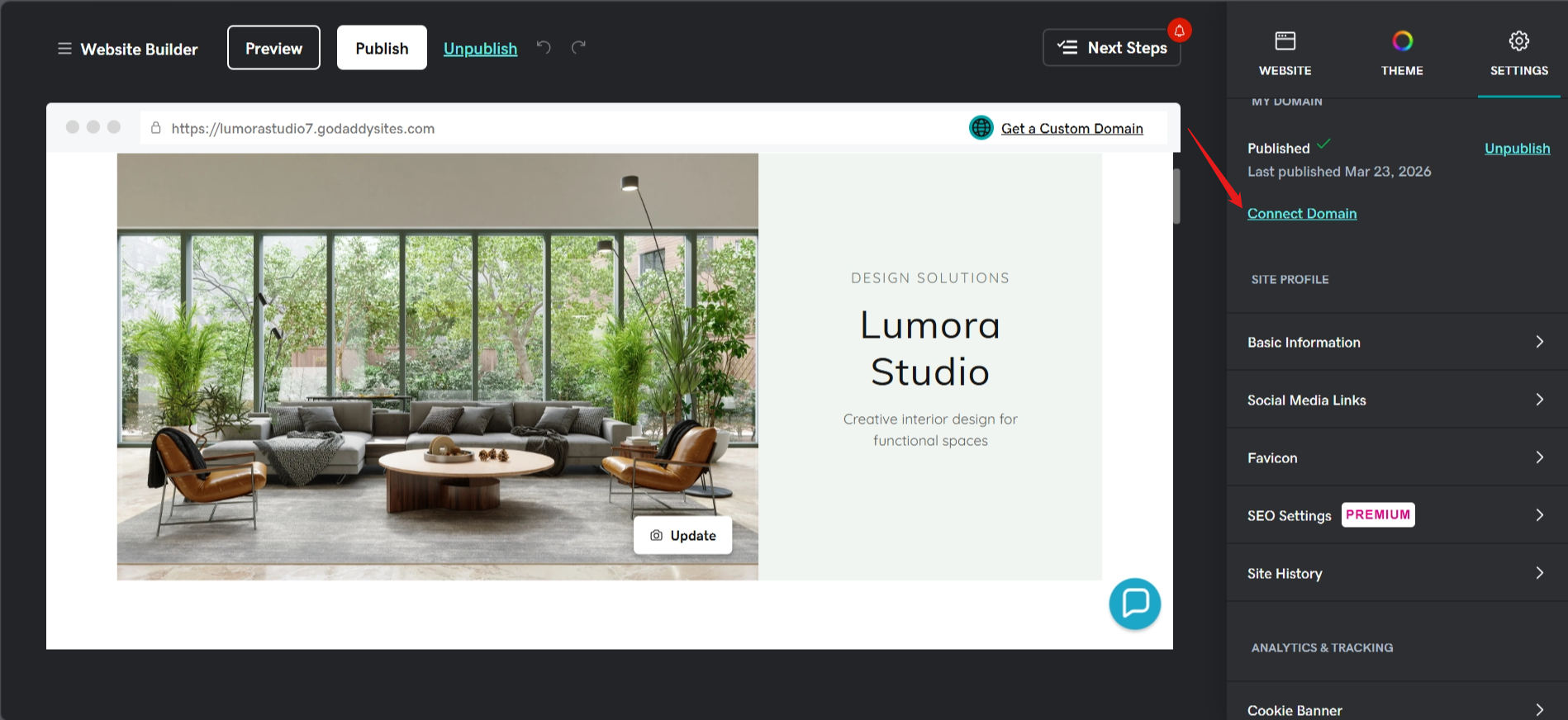 GoDaddy custom domain connection settings for upgrading from the free subdomain