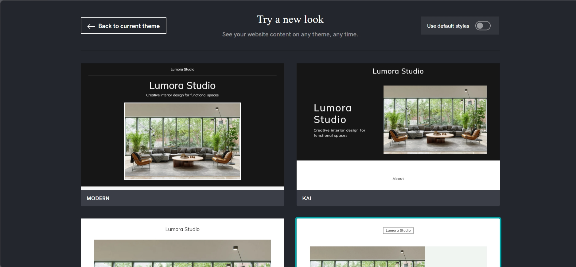 GoDaddy theme switching screen showing design theme options for the website