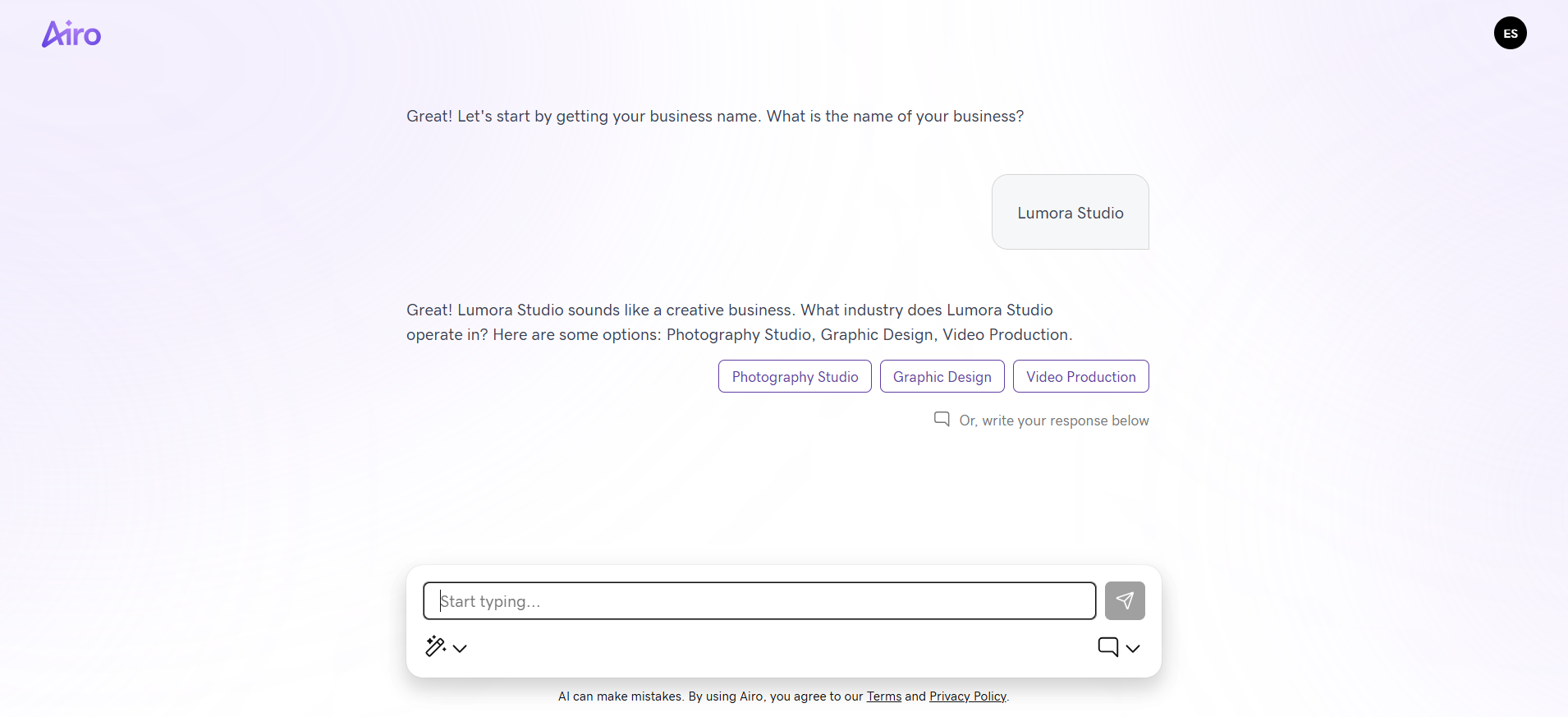 GoDaddy Airo chatbot asking for the business name during website setup