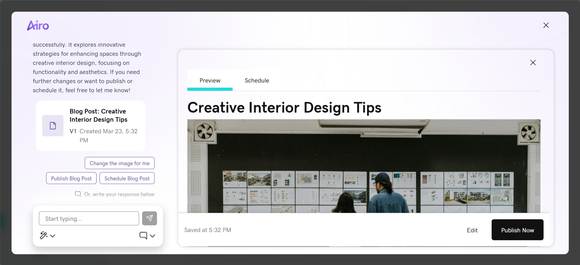 GoDaddy Airo AI blog post generation interface showing article creation workflow