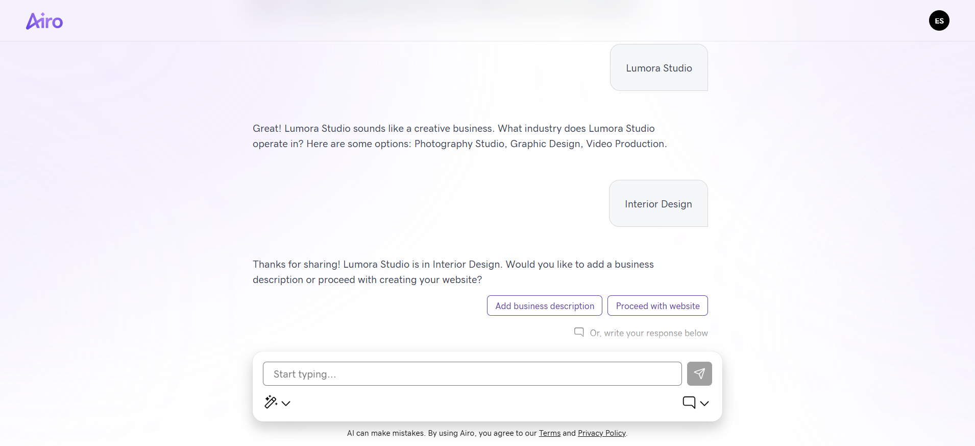 GoDaddy Airo suggesting business industry categories after entering the business name