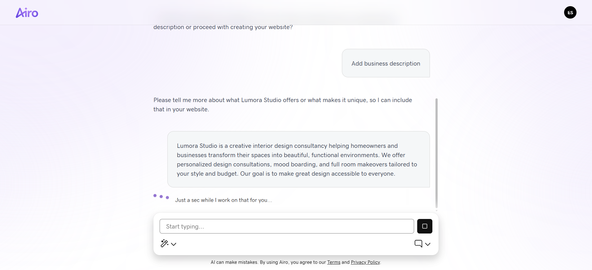 GoDaddy Airo prompt asking for a business description before generating the website
