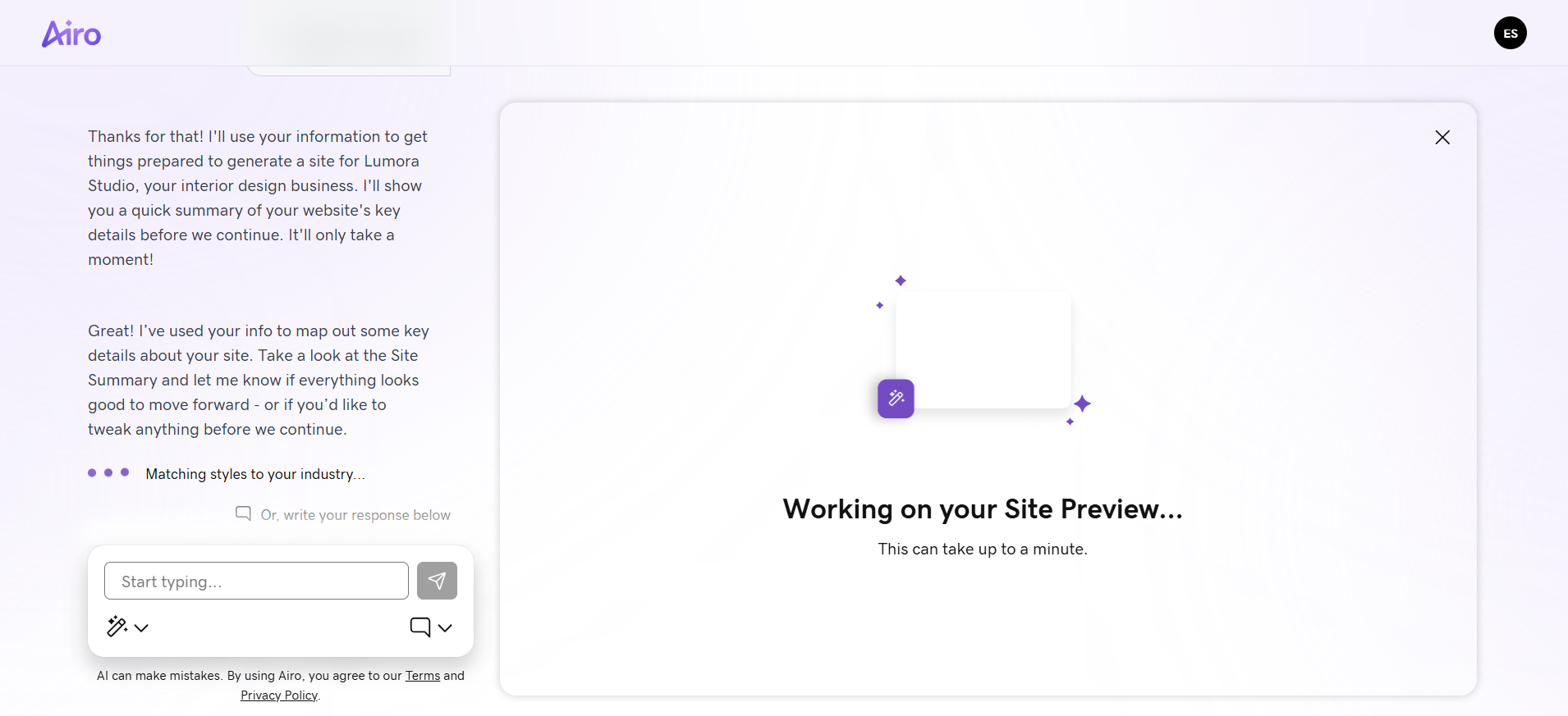 GoDaddy Airo loading screen while generating the website preview