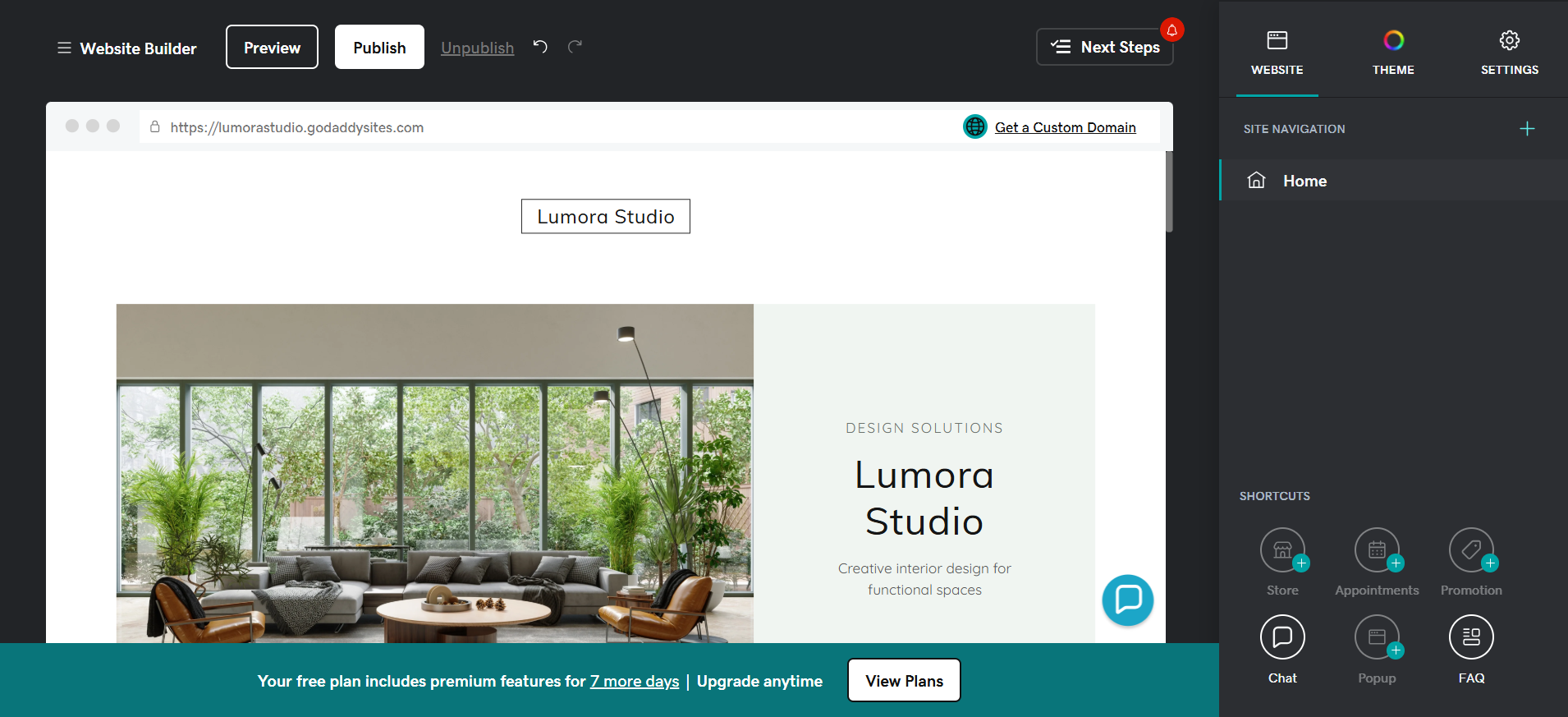GoDaddy Website Builder editor interface showing the generated site ready for editing