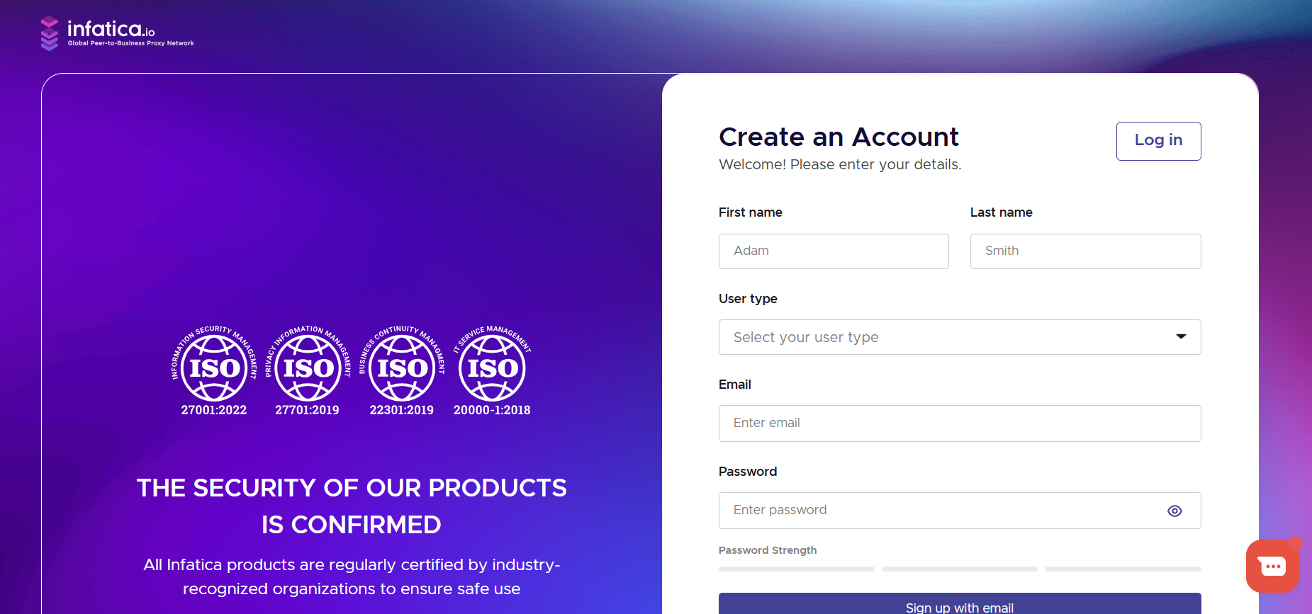 screenshot of Infatica Sign Up form