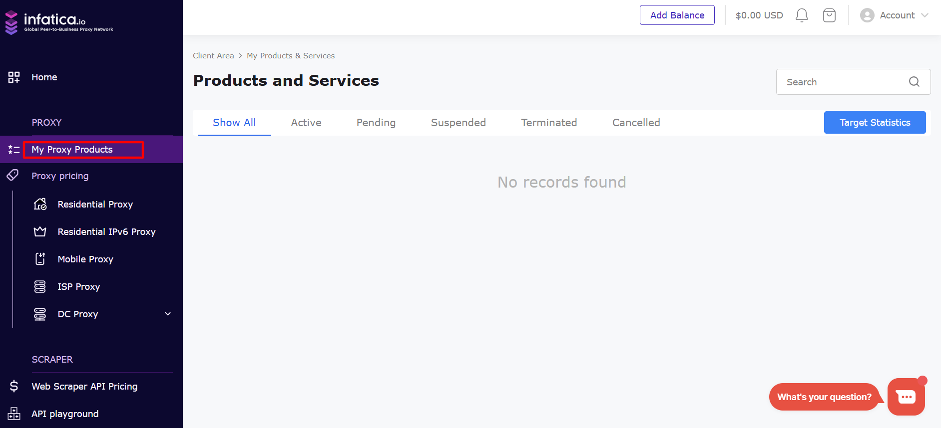 screenshot of My Proxy Products page