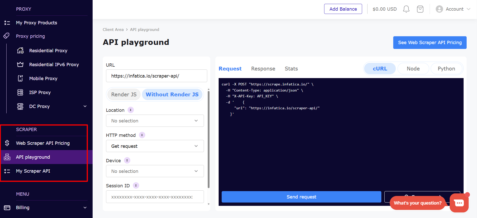screenshot of API playground page