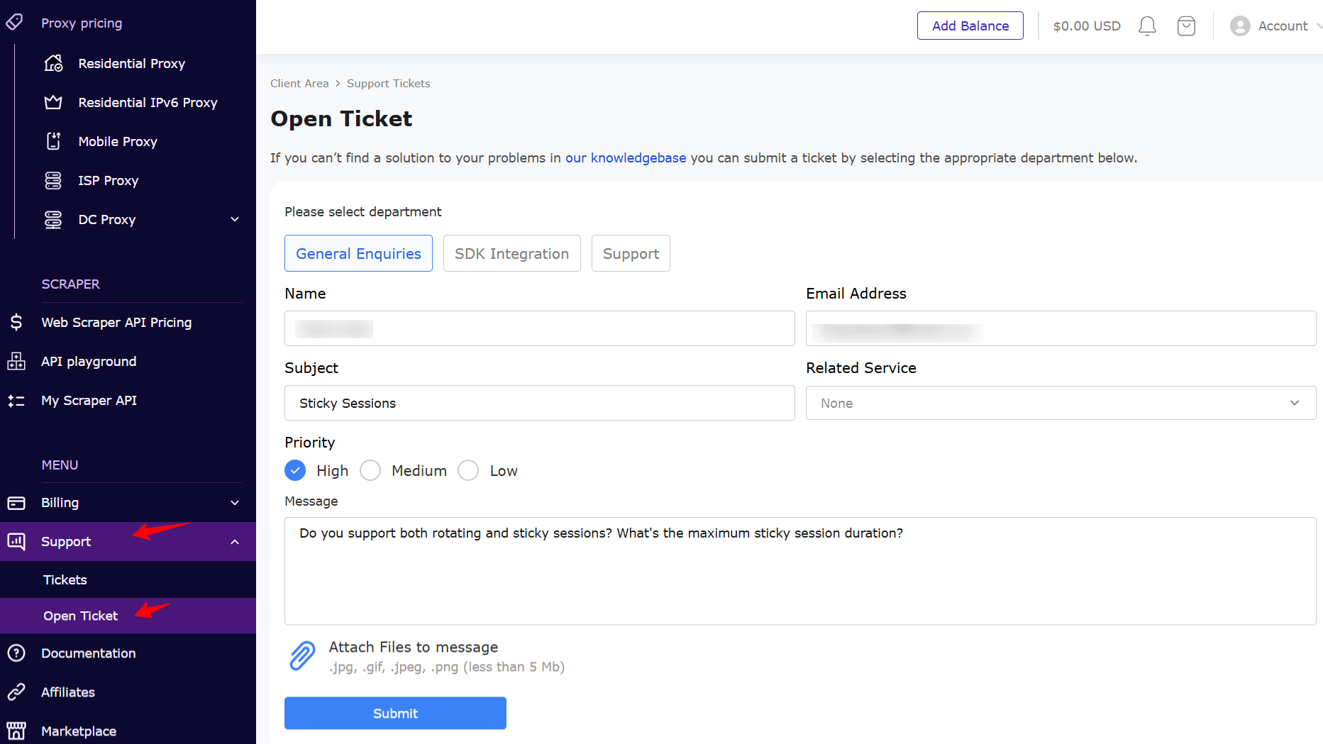 screenshot of Open Ticket tab
