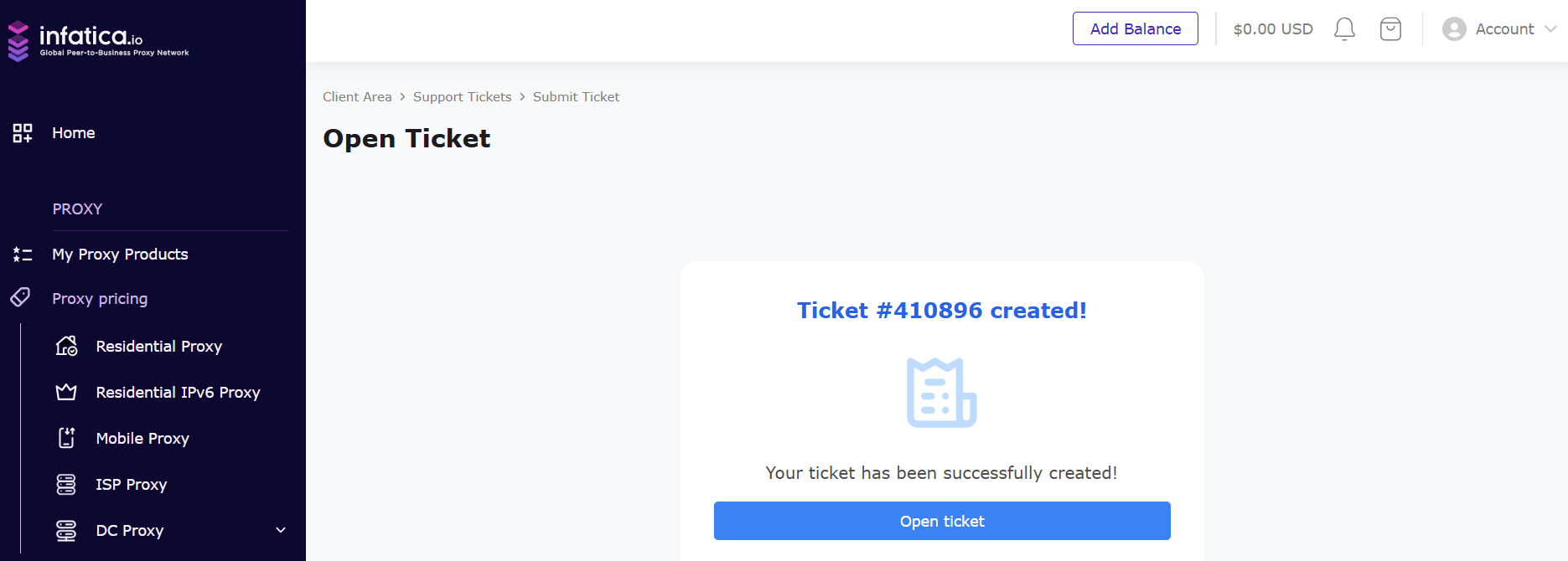screenshot of Open Ticket page