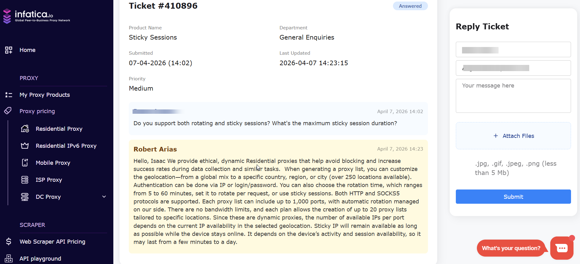 screenshot of Ticket conversation