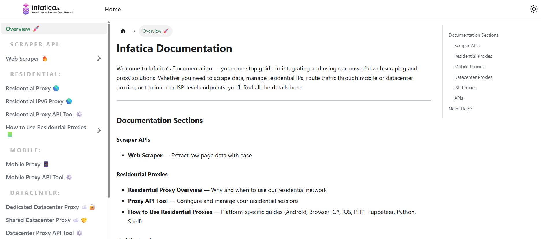 screenshot of Infatica Documentation