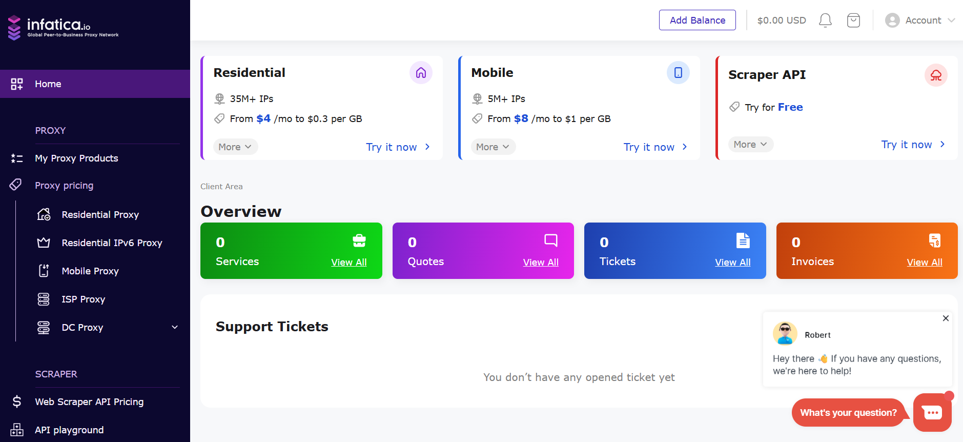 screenshot of Infatica dashboard
