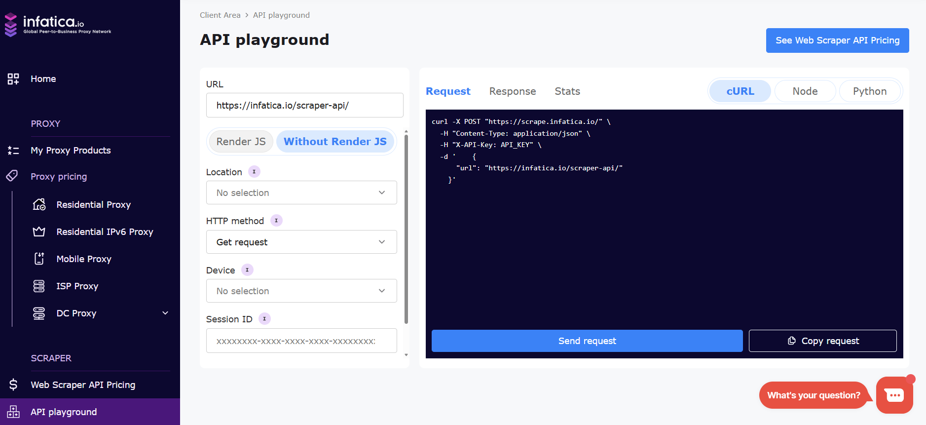 screenshot of Infatica dashboard API playground