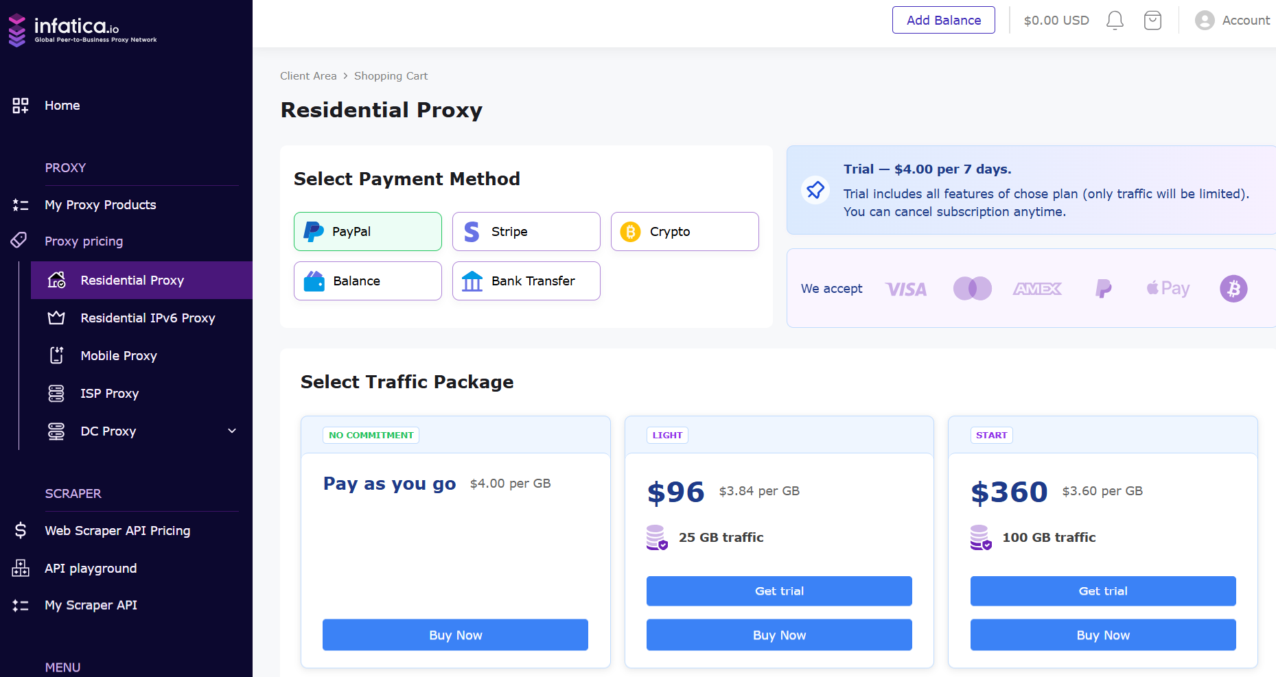 screenshot of Infatica Residential Proxy page