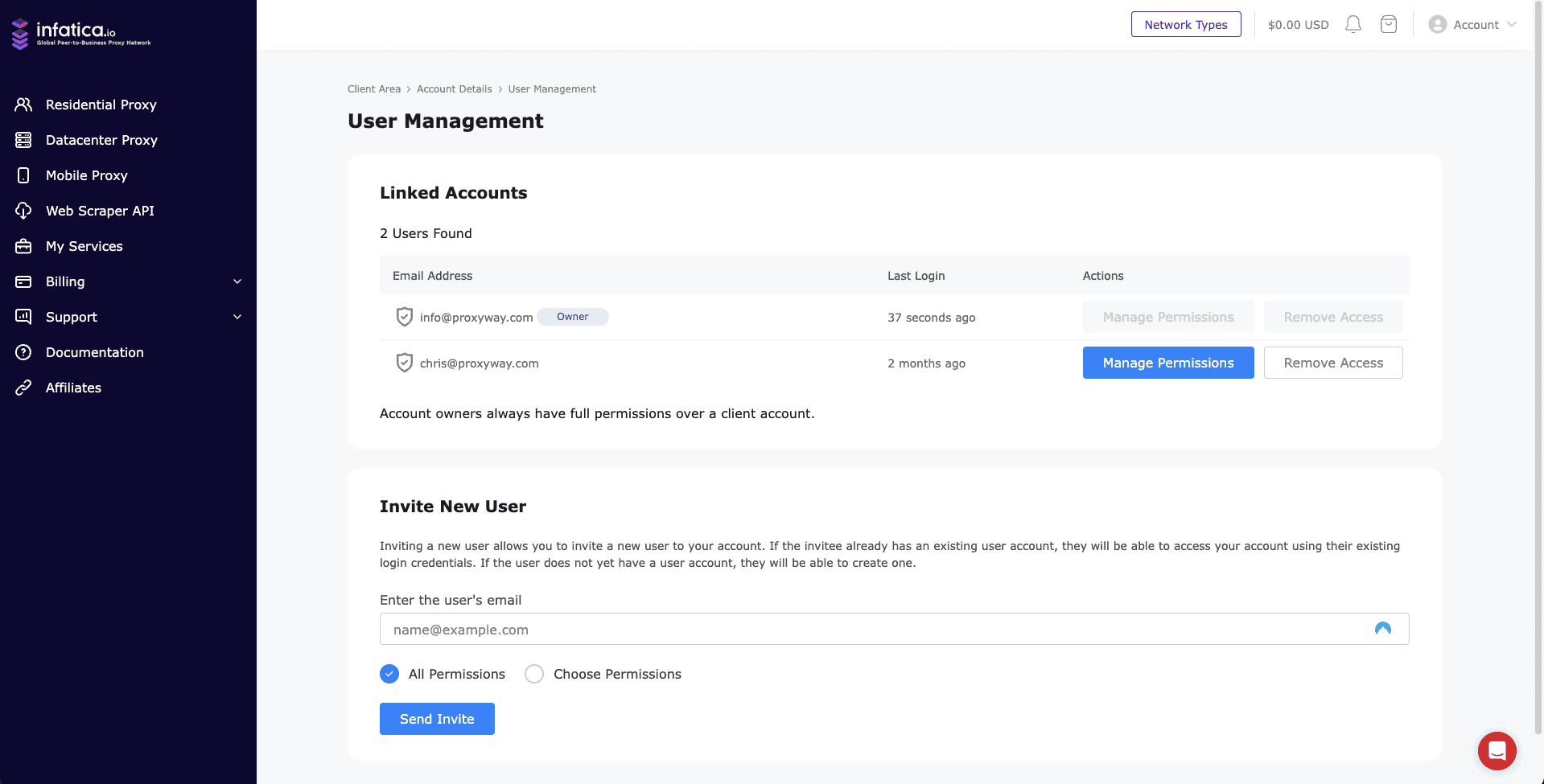 screenshot of Infatica User Management