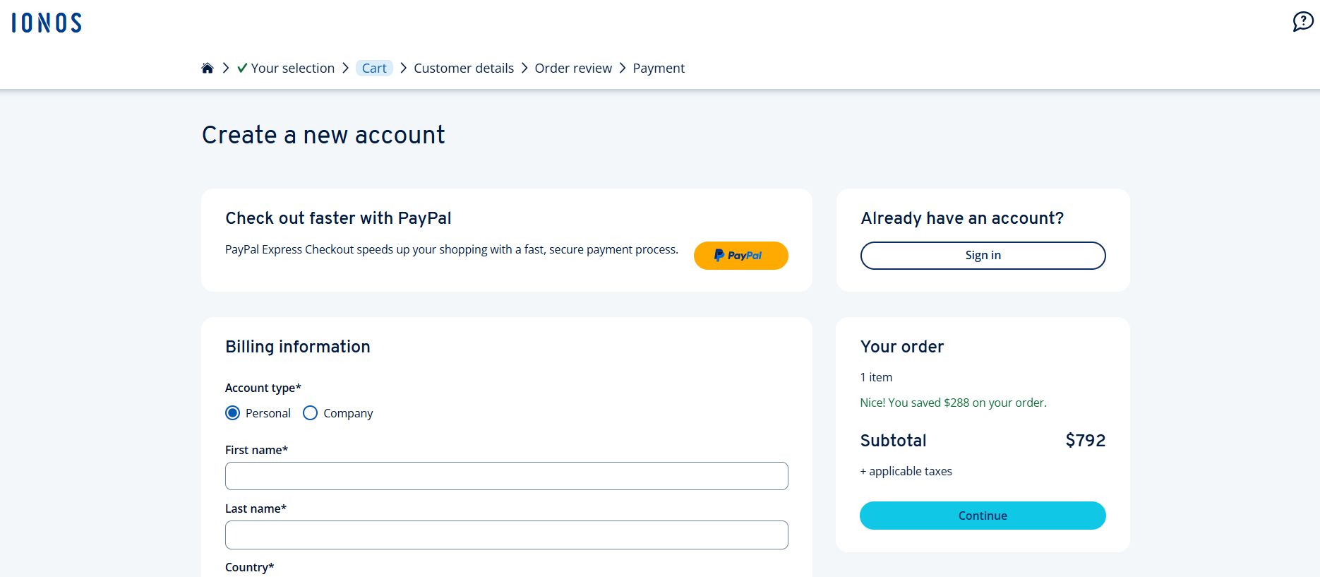screenshot of IONOS Sign Up form